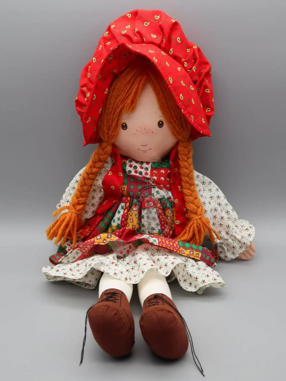 Vintage Holly Hobbie Christmas 1988 Plush Rag Doll w/ Ornament Redhead Patchwork